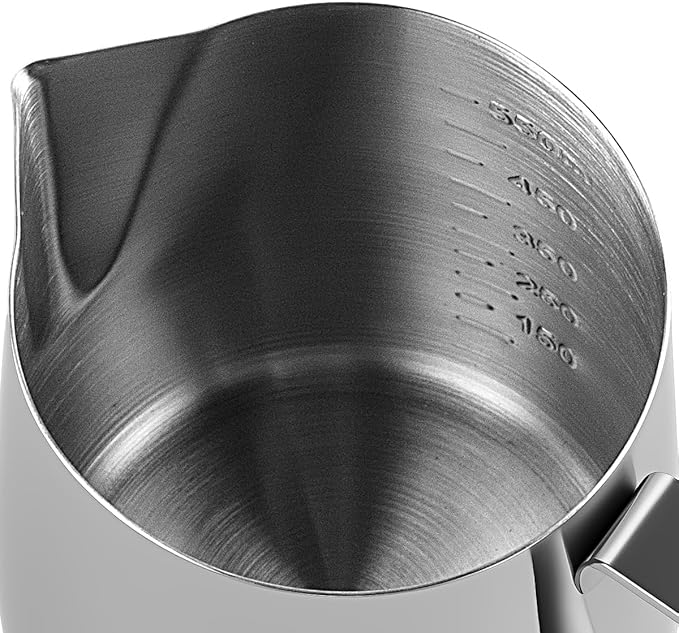 Milk Frothing Pitcher, 20oz Steaming Pitcher with Clear Scale, 304 Stainless Steel Milk Frother Cup Cappuccino Espresso Machine Accessories for Latte Art, Barista, Home Use, Easy Clean Barista Tool