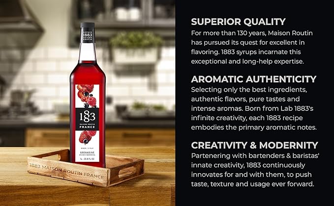 1883 Grenadine Mixed Berries Syrup for Drinks, Made in France, 1 Liter Glass Bottle