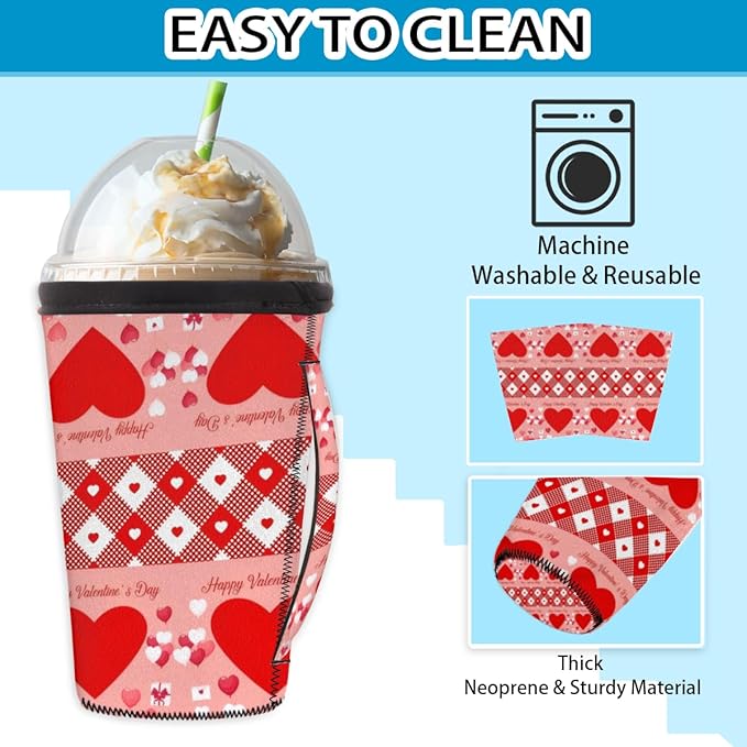 Red Love Heart Reusable Coffee Sleeves Iced Coffee Cozy Insulator,Valentine's Day Neoprene Holder with Handle for Cold Coffee or Ice Drink, Large 30-32oz