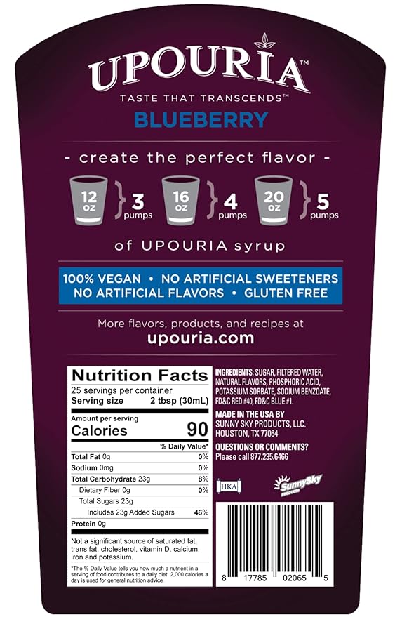 Upouria Blueberry Syrup Flavoring, 100% Vegan, Gluten-Free, Kosher, 750ml bottle (Pack of 2) with 1 Syrup Pump
