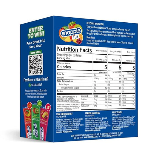 Snapple Powder Drink Mix Variety Pack - 30 Powder Sticks | Assorted Flavors, Zero Sugar | On-the-Go Hydration for Refreshing Beverages