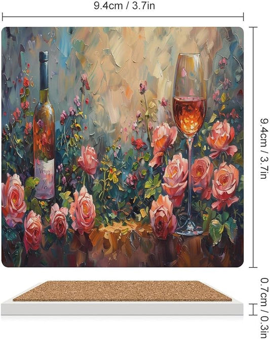 Red Wine Drink Coasters, Square Ceramic Drink Coaster Square-4PCS, Oil Painting Style Red Wine Grapes Floral Rose Flower Pattern Decor Absorbent Ceramic Coasters for Beverage Cup, Bar, Coffee Table