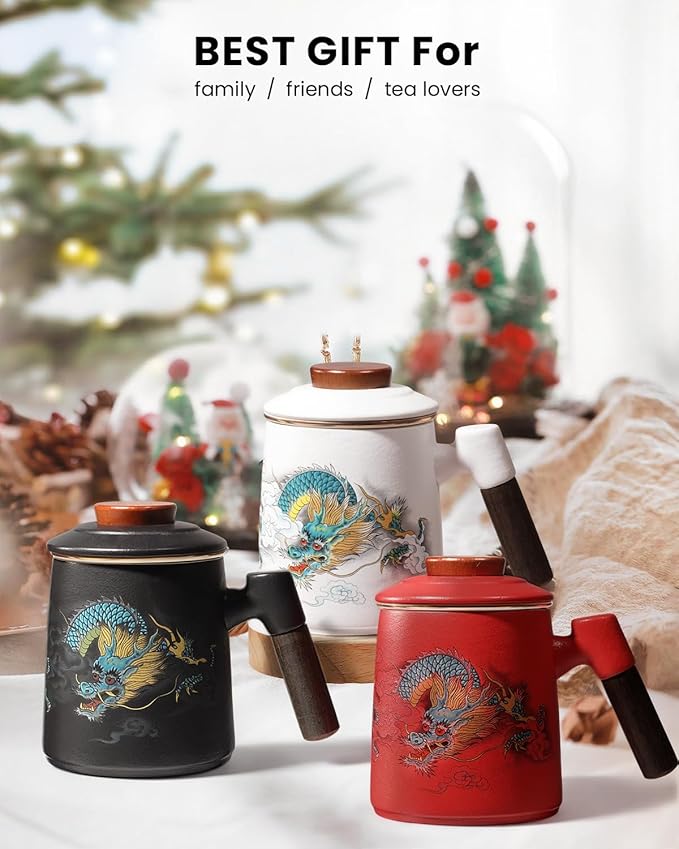 Porcelain Tea Cup with Infuser and Lid,Ceramic Tea Mug for Loose Leaf,Tea Strainer Cup with Wood Handle,Chinese Dragon Red Cup,All Ceramic Infuser,BPA-Free for Tea Lovers/Birthday/Valentine's Day