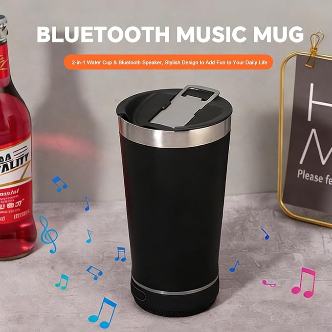 Black Tumbler with Bluetooth Speaker, Insulated Stainless Steel Travel Cup with Lid,MusicTumbler Cup with Speaker,Stainless Steel Speaker Tumbler for Gym, Office