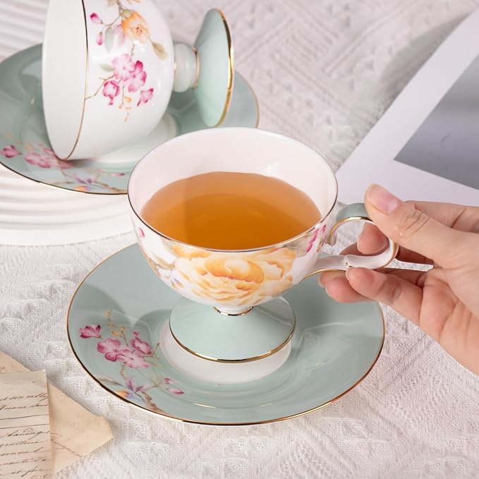 KAMMAK Ceramic Coffee Cups Saucers Set of 2, Porcelain Espresso Cups with Saucers, 7.44 oz Handcrafted Elegant Bone China Tea Cups, Yellow Peony Floral Pattern Teacup for Party, Office, Women Gift