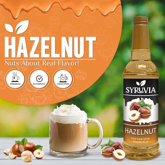 Syruvia Coffee Syrup, Hazelnut Flavored Syrup for Drinks, Lattes, and Desserts – 25.4 fl oz