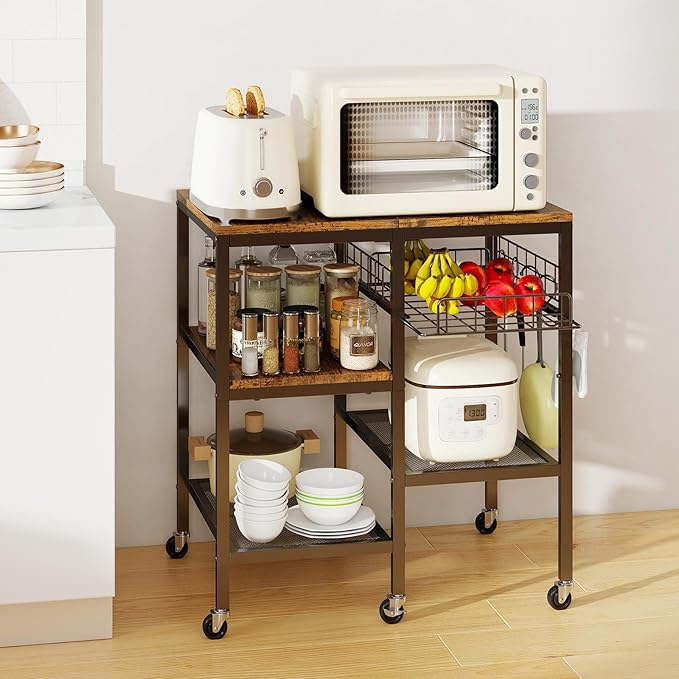 Hadulcet 4-Tier Adjustable Microwave Stand with Storage on Wheels - Rolling Kitchen Cart & Mobile Coffee Bar, Baker's Rack for Kitchen Island, Office, Living Room
