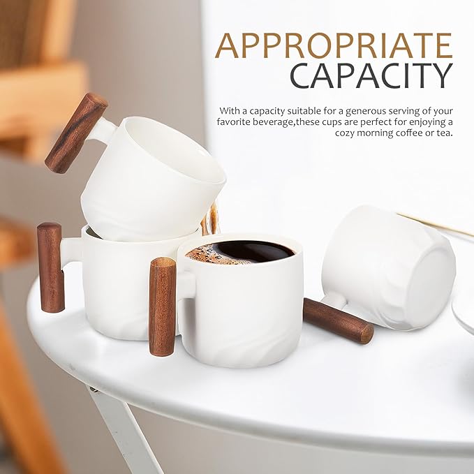 RUNROTOO Porcelain Ceramic Tea Cups, Espresso Cups Wooden Handle, Modern Demitasse, Microwave and Dishwasher Safe