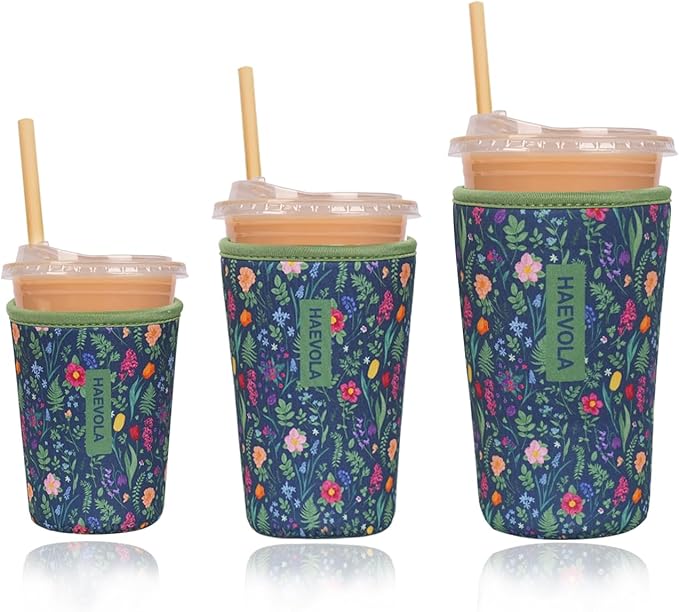 Reusable Insulated Neoprene Iced Coffee Cup Sleeve, Durable Drink Sleeve for Cold Beverages, Beverage Holder for Iced Coffee, Fern Florals