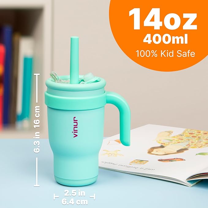 VINUR Kids 14 oz Tumbler with Handle and Straw Lid - Leak Resistant-Reusable Stainless Steel Insulated Tumbler Mug with Rubber Base-Cup Holder Friendly, Teal