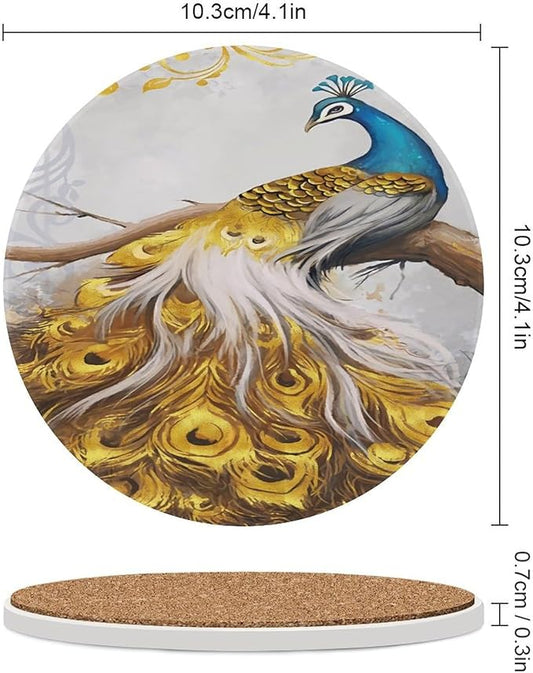 Peacock Drink Coasters, Round Ceramic Drink Coaster Round-4PCS, Tree Branch Vintage Beautiful Gold Peacock Decor Absorbent Ceramic Coasters for Beverage Cup, Bar, Coffee Table