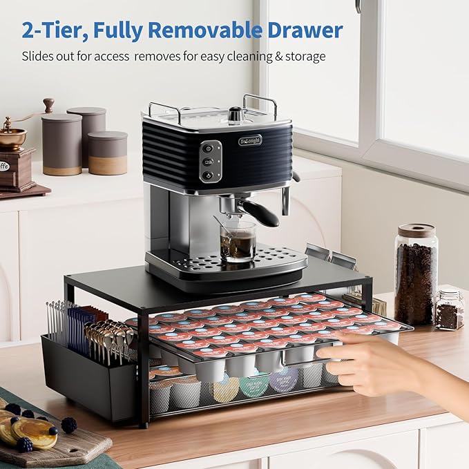 K Cup Holder Organizer, 2-Tier Coffee Pod Holder for 63 Large/80 Small Capsules with Storage Drawer & 2 Accessory Holders, Kcup Organizer for Countertop Coffee Station in Kitchen, Office, Coffee Bar