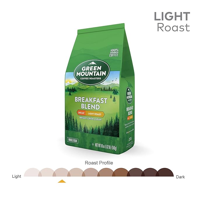 Green Mountain Coffee Roasters Breakfast Blend Decaf, Whole Bean Coffee, Light Roast, Bagged 18 oz (Pack of 3)