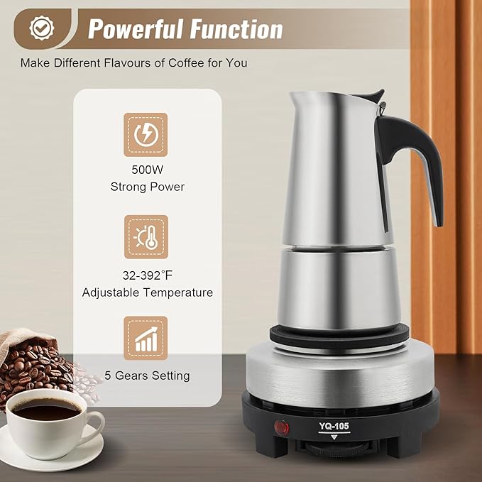 Stovetop Espresso Maker, Stainless Steel Moka Pot Coffee Pot Mocha Greca Machine Maker Multifunctional Moka Pot for Home and Camping (4 Cup)