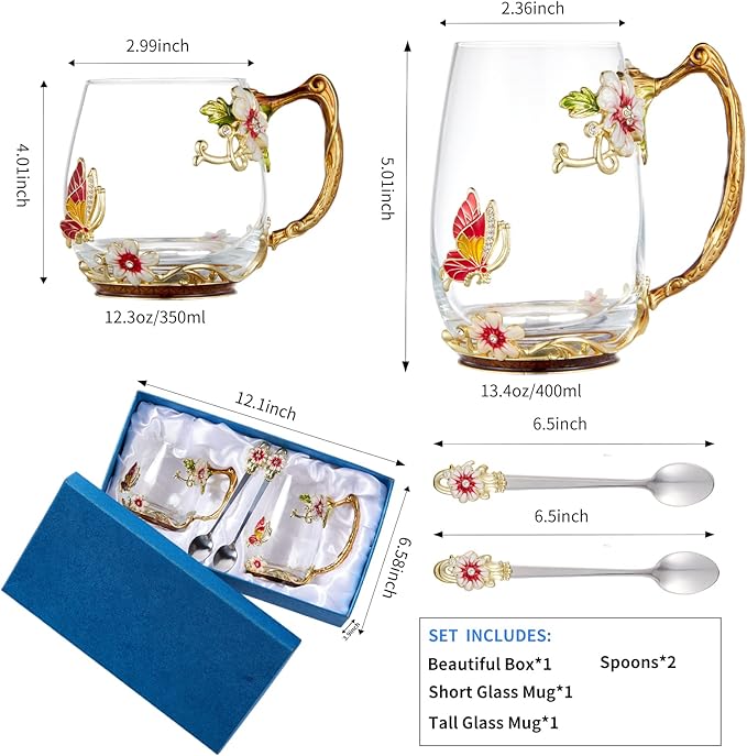 Tea Cup Glass Coffee Mugs,Fancy Tea Cup Set Birthday Christmas Valentine's Day Gift Idea for Tea Lover and Women Novelty Coffee Mugs Rose Flower Enamel Tea Cup Glass Mug with Spoon