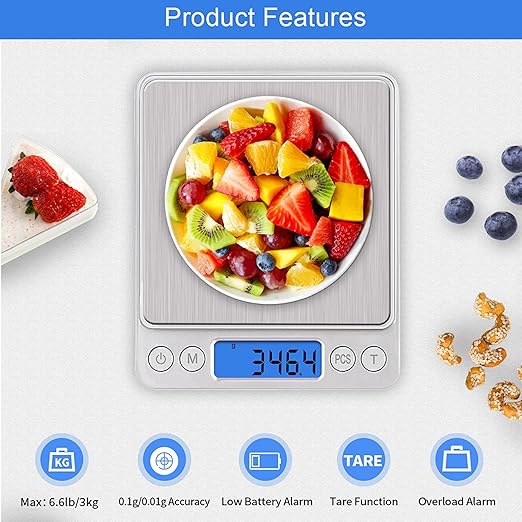 Digital Kitchen Scale,3kg/0.1g Pocket Food Scale Measure in Grams and oz for Loss Weight,Cooking Baking,Jewelry,High Precision Gram Scale with 6 Units,Small Coffee Scale with 2 Trays,LCD,Tare
