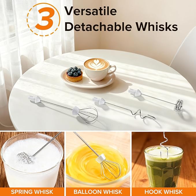 Milk Frother Handheld, 3-Speed Frother Wand USB-C Rechargeable, with 3 Detachable Whisks, Coffee Frother for Coffee,Latte, Cappuccino, Matcha, Hot Chocolate & Eggs, Electric Whisk Drink Mixer (White)