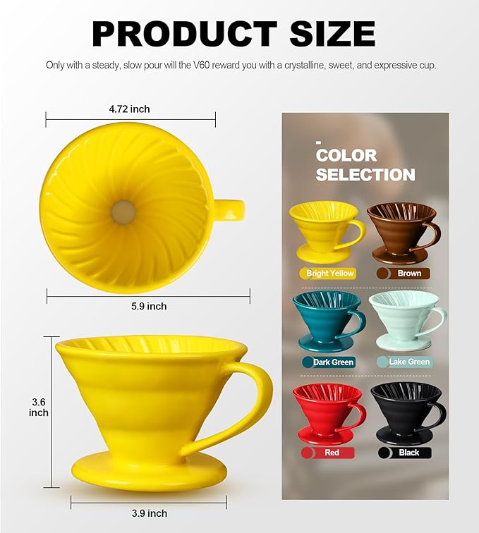 Pour Over Coffee Dripper - Ceramic Cup, Pour Over Coffee Maker Cone, Porcelain Cone, Easy Manual Brew Maker - Strong Flavor Brewer for Home, Cafe, Office - 1-4Cup, V60 Size 02 (Bright Yellow)