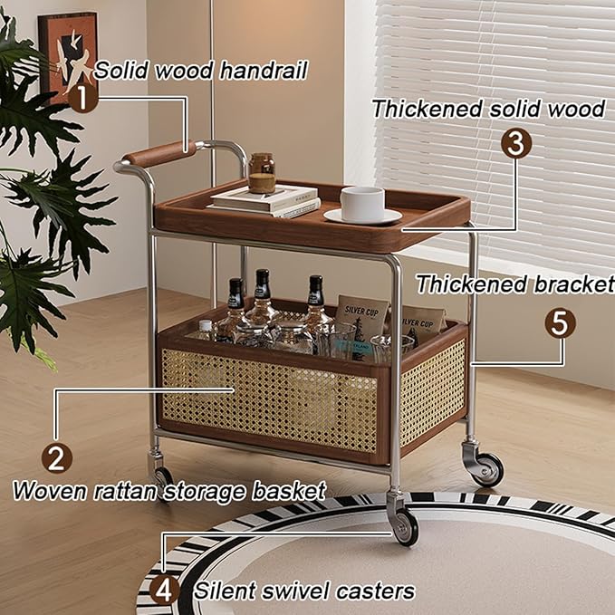 Mid Century Solid Wood Side Table,Rolling Cart,2 Tier Small End Table with Wheels,Mobile Side Table with Breathable Storage Basket,Suitable for Living Rooms,Kitchens,Bedrooms (Brown A)