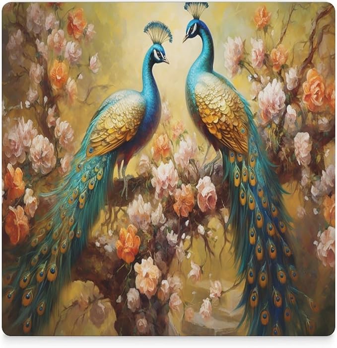 Square-6PCS Peacock Ceramic Coasters, Square Absorbent Drink Coasters, Vintage Art Beautiful Plant Floral Green Peacock Ceramic Table Coasters for Coffee, Beverage, Wine, Beer Coasters