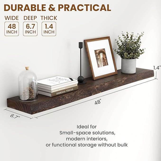 Rustic Elm Wood Floating Shelves 48 Inch, Wall Mounted Live Edge Floating Shelf for Bathroom Living Room Kitchen, Long Wooden Wall Shelves with Heavy-Duty Bracket for Books Decor Storage, Walnut