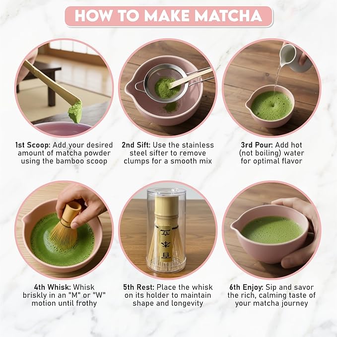 10-Piece Matcha Whisk Set | Complete Matcha Tea Kit with 17oz Ceramic Bowl, Bamboo Whisk & Scoop, Whisk Holder, Stainless Steel Sifter, Measuring Cup, Powder Caddy, Tea Towel | Gift-Ready Matcha Set