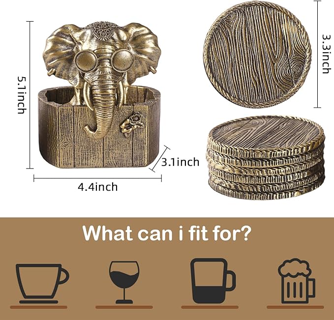 Cabin Coasters Set 6 Full Size Non-Slip Bar Coasters, Indoor Christmas Decorations, Man Cave Gifts for Men, Rustic Handmade Decor for The Home (Elephant)