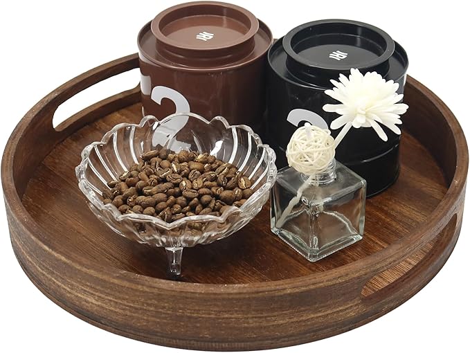 Round Decorative Tray,Wooden Serving Tray with Handles, 11.8in Vintage Brown Decorative Trays for Coffee Table,Kitchen Counter,bandejas decorativas