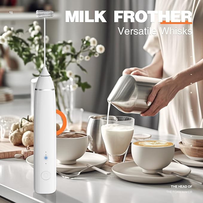 Milk Frother Rechargeable Handheld Electric Whisk Coffee Frother Mixer with 2 Stainless whisks 3 Speed Adjustable Foam Maker Blender for Coffee Matcha Latte Cappuccino Hot Chocolate(White)