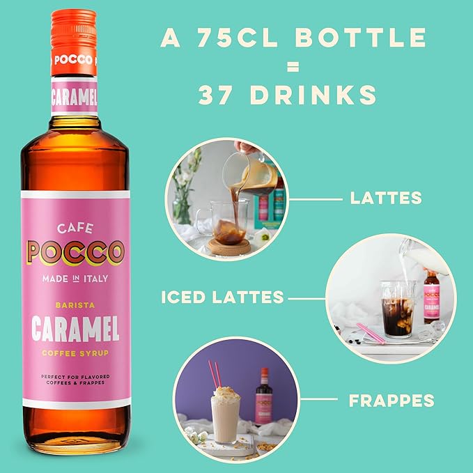 Cafe Pocco Caramel Syrup 750ml Glass Bottle (1 Bottle, Caramel)