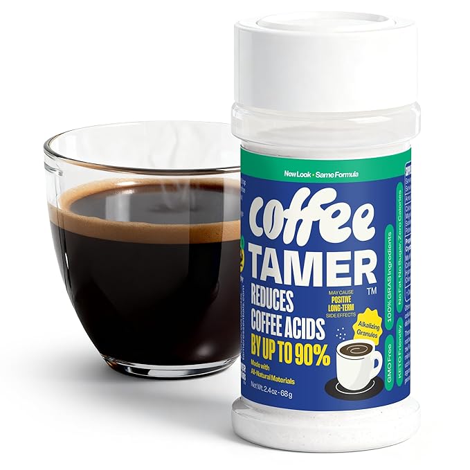 Coffee Tamer Acid Reducer Powder 2.4oz Shaker Bottle - All Natural Coffee Acid Reducer, Alkalizing Granules Reduce Acidity By 90%, Keto Friendly, Sugar-Free, Non-GMO, Preserves Original Flavor