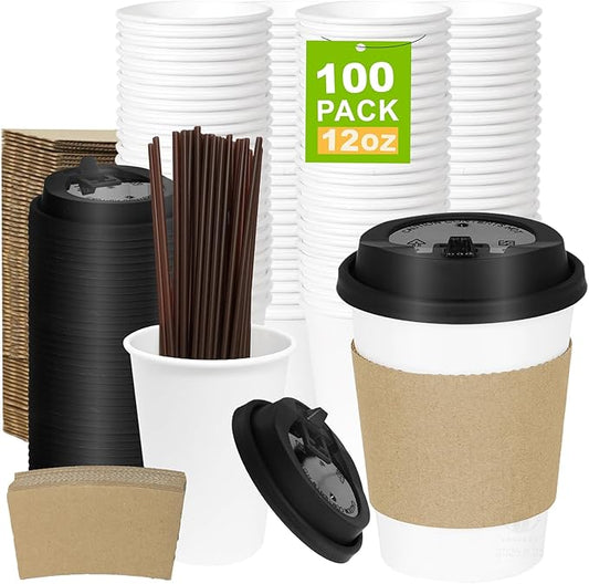 12 oz PLA White Disposable Cups 100 Packs Eco Conscious Leak Proof Sturdy for Hot Beverages Takeout