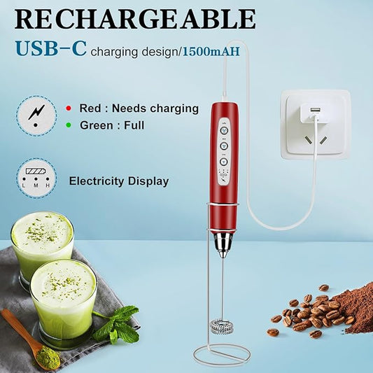 Milk Frother Handheld with Stand, Electric Whisk 3 Speed Adjustable, Drink Mixer with Stainless 3 Whisk, Rechargeable Hand Frother Wand, Foam Maker for Latte Cappuccino Hot Chocolate Egg Red