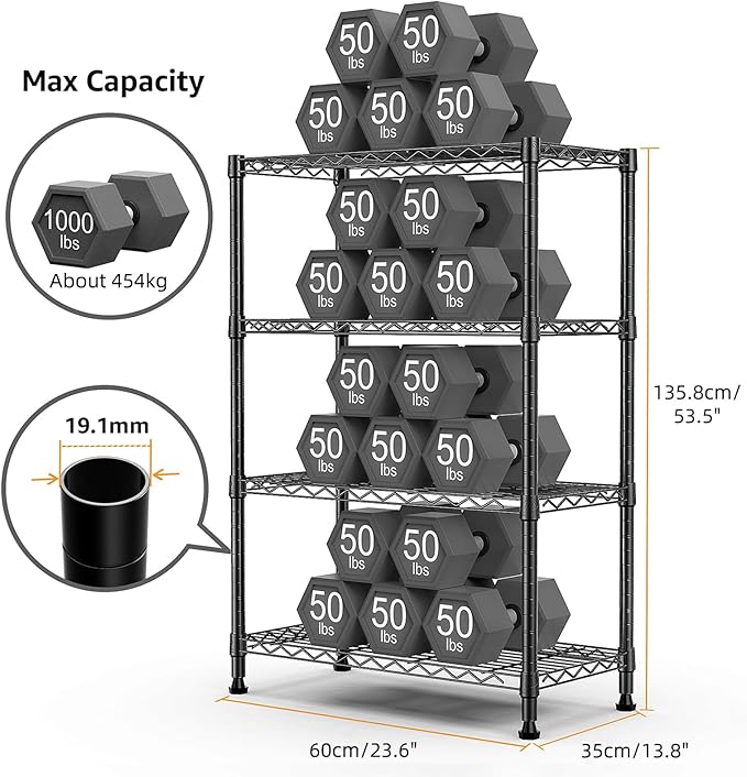 M MZG 1000 lbs Storage Shelving Steel Heavy Duty 4-Tier Utility Shelving Unit Steel Organizer Wire Rack for Home,Kitchen,Office,Black (13.7" D x 23.6" W x 53.4" H)
