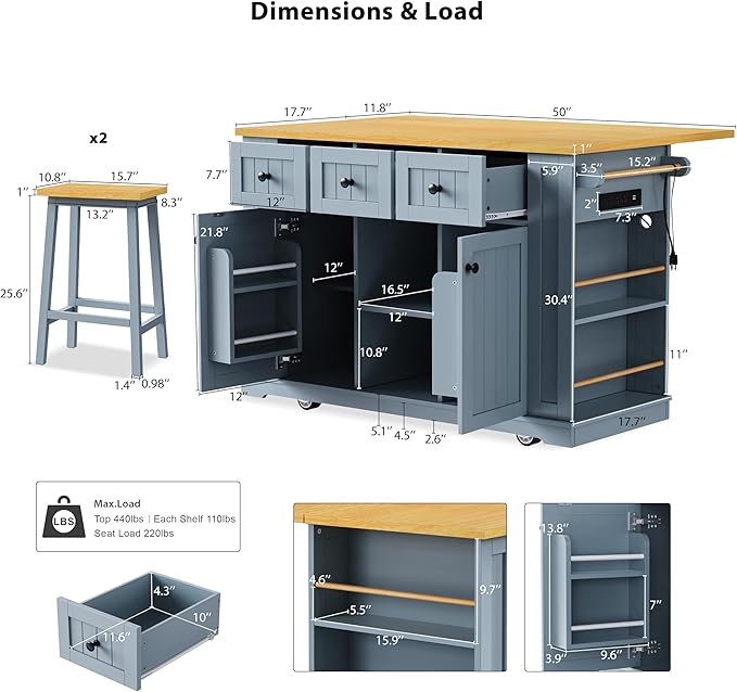 Yayzy Rolling Kitchen Island with 2 Bar Stools, Drop Leaf & Power Outlet, Large Kitchen Islands Cart on Wheels, Movable Kitchen Island with 5 Open Shelves & Towel Rack for Dining Room, 53″, Grey Blue