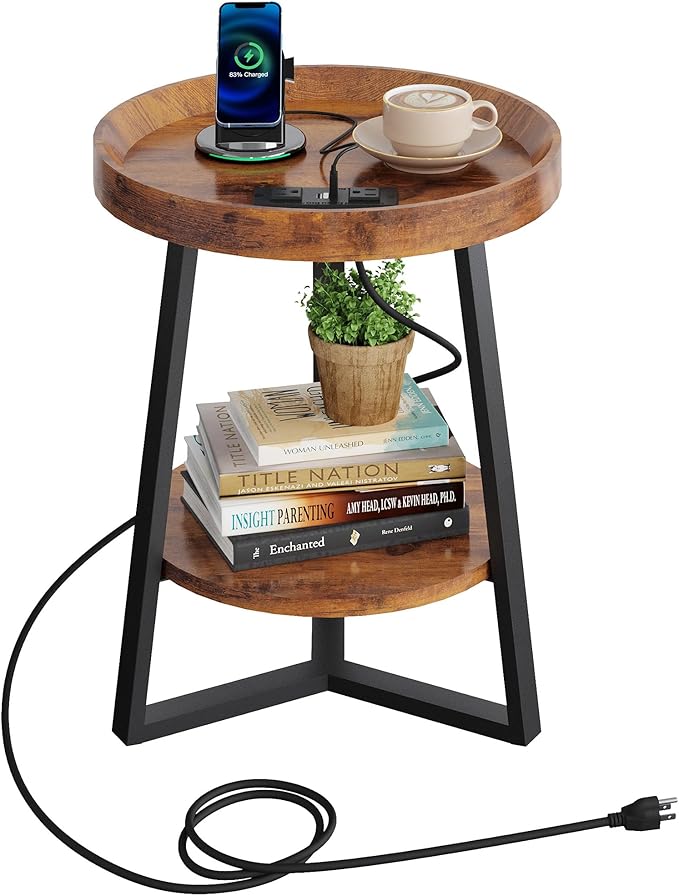 WLIVE Round End Table with Charging Station, Small Round Coffee Table, 2 Tier Side Table for Living Room/Bedroom, Sofa Couch, Wood Tabletop & Metal Frame, Rustic Brown
