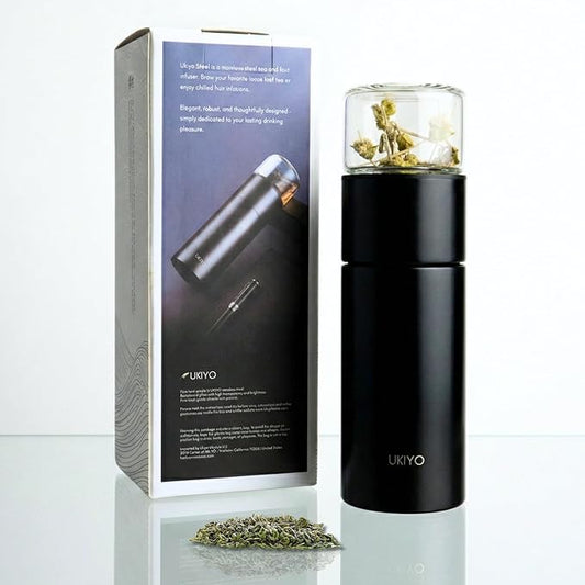 Ukiyo Steel Premium Stainless Steel and Glass Tea & Fruit Infuser Bottle - Travel Tumbler with Stainless Steel Filter