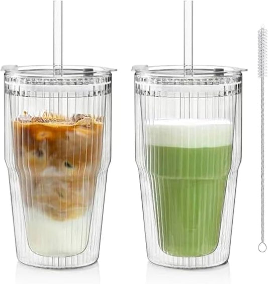 KEMORELA 16oz Ribbed Glass tumbler with Lids and Straws 2pcs,Double Wall Iced Coffee Cups with Lids,Coffee Bar Accessories, Insulated Borosilicate Glass Tumblers, To Go Coffee Cups, Spill proof