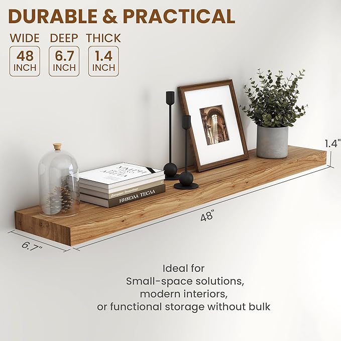 48 Inch Floating Shelves, Rustic Elm Wood Wall Shelves for Farmhouse, Bedroom, Kitchen, Wall-Mounted Long Floating Shelf Heavy-Duty Bracket, Solid Wood Shelf Set of 1 for Home Decor Display, Natural