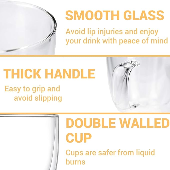 Double Walled Glass Coffee Mugs with Handle (Set of 2) - 19oz Clear Espresso Cup, Transparent Coffee Mugs for Daily Use & Gift, Transparent Mug for Hot Coffee, Iced Tea & Cappuccino (560 ml)