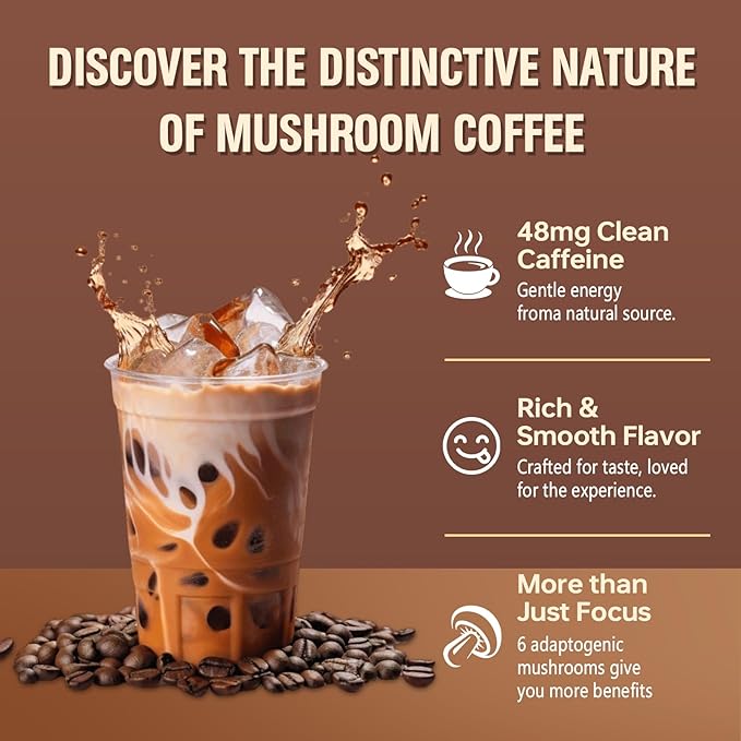 2 Bag Mushroom Coffee, Instant Mushroom Coffee Powder with 6 Adaptogenic Mushrooms (Cordyceps, Lion’s Mane, Shiitake, Turkey Tail) and MCT Oil for Better Energy, Focus, Immune Support - 60 Servings