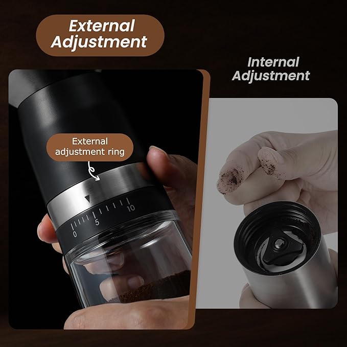 VEVOK CHEF Manual Coffee Grinder 10 External Adjustment Fashion Bean Grinder Stainless Steel Double Bearing Conical Burr Portable Hand Coffee Mill for Home,Camping,Silver