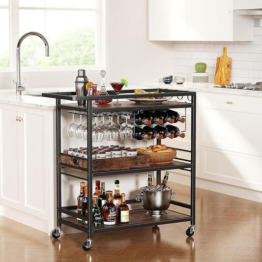 Leteuke Bar Cart for Home, 3 Tier Black Serving Rolling Carts with Wheels, Drink Cart, Liquor Stand with Removable Tray, Wine Rack and Glass Holder for Kitchen, Outdoor, Dining Room-Black Brown