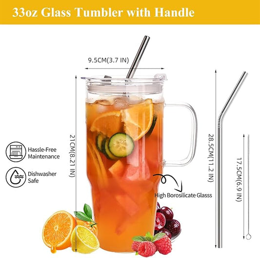 33oz Glass Tumbler with Lid and Straw, 4 Pack Glass Cup with Handle, Iced Coffee Cups, Thick Drinking Glasses Set, Clear Travel Mug for Hot and Cold Beverage, Drinks, Tea, Smoothie