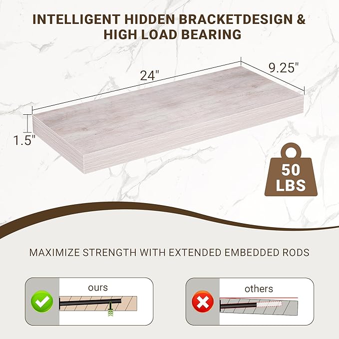 24 Inch Floating Shelves, 3D Textured Wood Grain, 24"x9.25"x1.5" Inch Deep Floating Shelves for Wall, Wooden Shelves for Bathroom, Bedroom, Living Room, Washed White, 2 Pieces