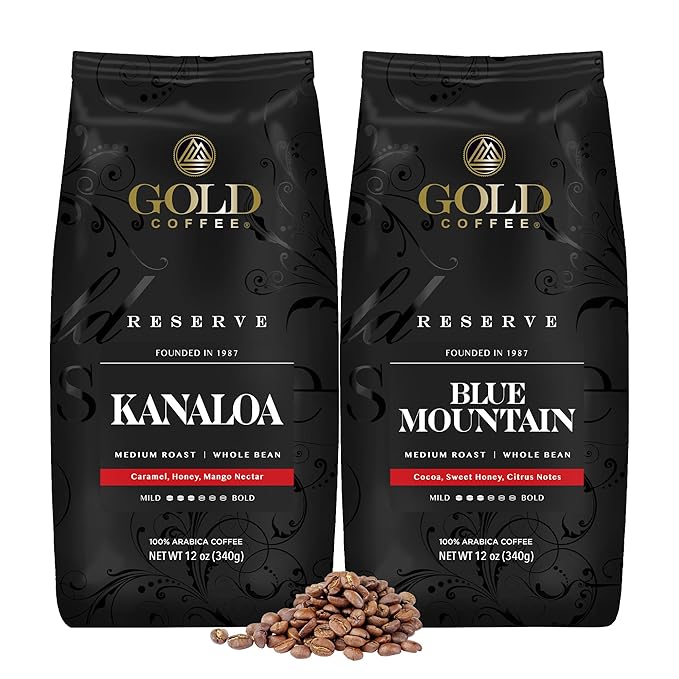 Gold Coffee Bundle | Kanaloa & Blue Mountain, Medium Roast, Whole Bean |100% Arabica Coffee, 12 oz. (Pack of 2)
