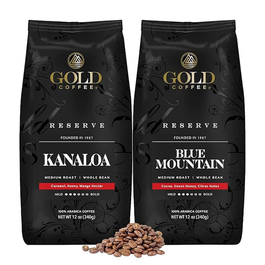 Gold Coffee Bundle | Kanaloa & Blue Mountain, Medium Roast, Whole Bean |100% Arabica Coffee, 12 oz. (Pack of 2)