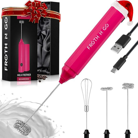 Zulay Froth N Go Milk Frother – Rechargeable 3-in-1 Handheld Frother Wand with Travel Case & USB-C Charger – Single, Double & Egg Whisk for Latte, Cappuccino, Matcha, Protein Shakes – Dragonfruit