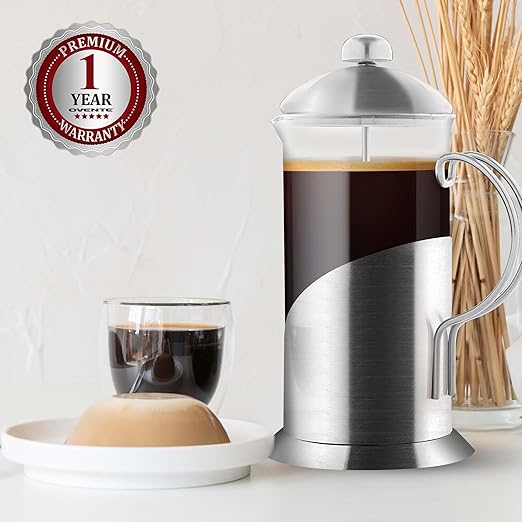 OVENTE French Press Coffee Maker 34 Ounce with Heat Resistant Borosilicate Glass, Stainless Steel Design and 4-Level Filter System, Portable Cold Brewer Pot for Travel, Camping or Gift, Silver FSL34S