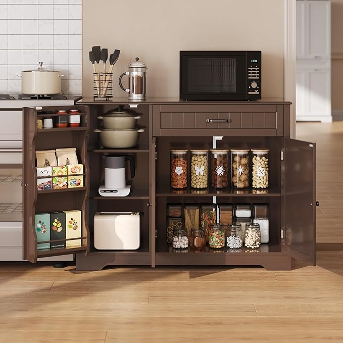Gizoon Kitchen Coffee Bar Cabinet with Storage Kitchen Sideboard Buffet Cabinet with Drawers, Short Pantry with Door and Shelves for Bathroom and Living Room, Dark Brown